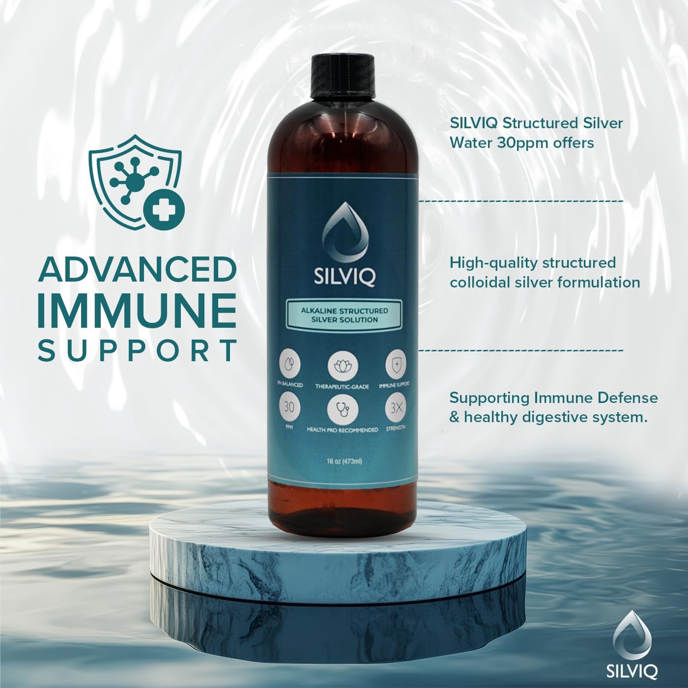Structured Silver Water 30PPM - ph Balanced Alkaline Structure Silver Liquid Solution Mineral Supplement for Natural Immune Support - Enhanced Wellness & Gut Health - 16 Oz (437ml)