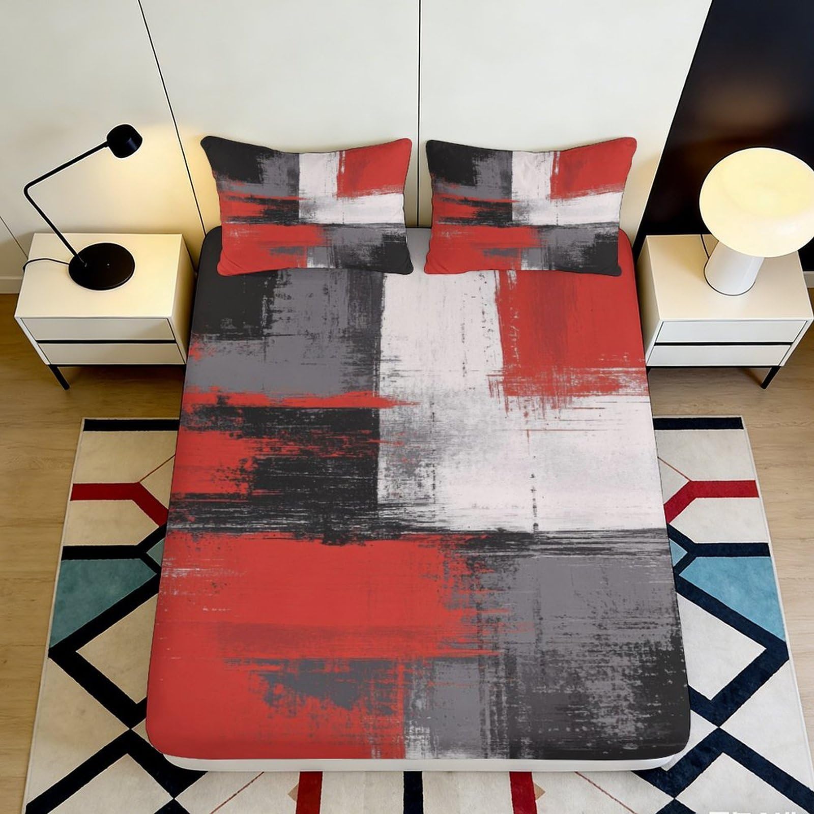 Qjzxknhpgr Style-9 3D Printed Abstract Red Grey Fitted Sheet Microfiber Soft Decorative Urban Block Bed Sheet For Bedroom Guestroom 90X200x25cm