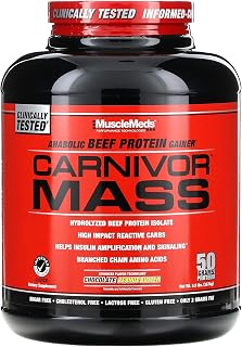 MuscleMeds CARNIVOR Mass Gainer Beef Protein Isolate Shake, 50 Grams Protein, 125 Grams Carbs, 0 Fat, 0 Sugar, Lactose Free, Halal Certified, Chocolate Peanut Butter, 6 Pound