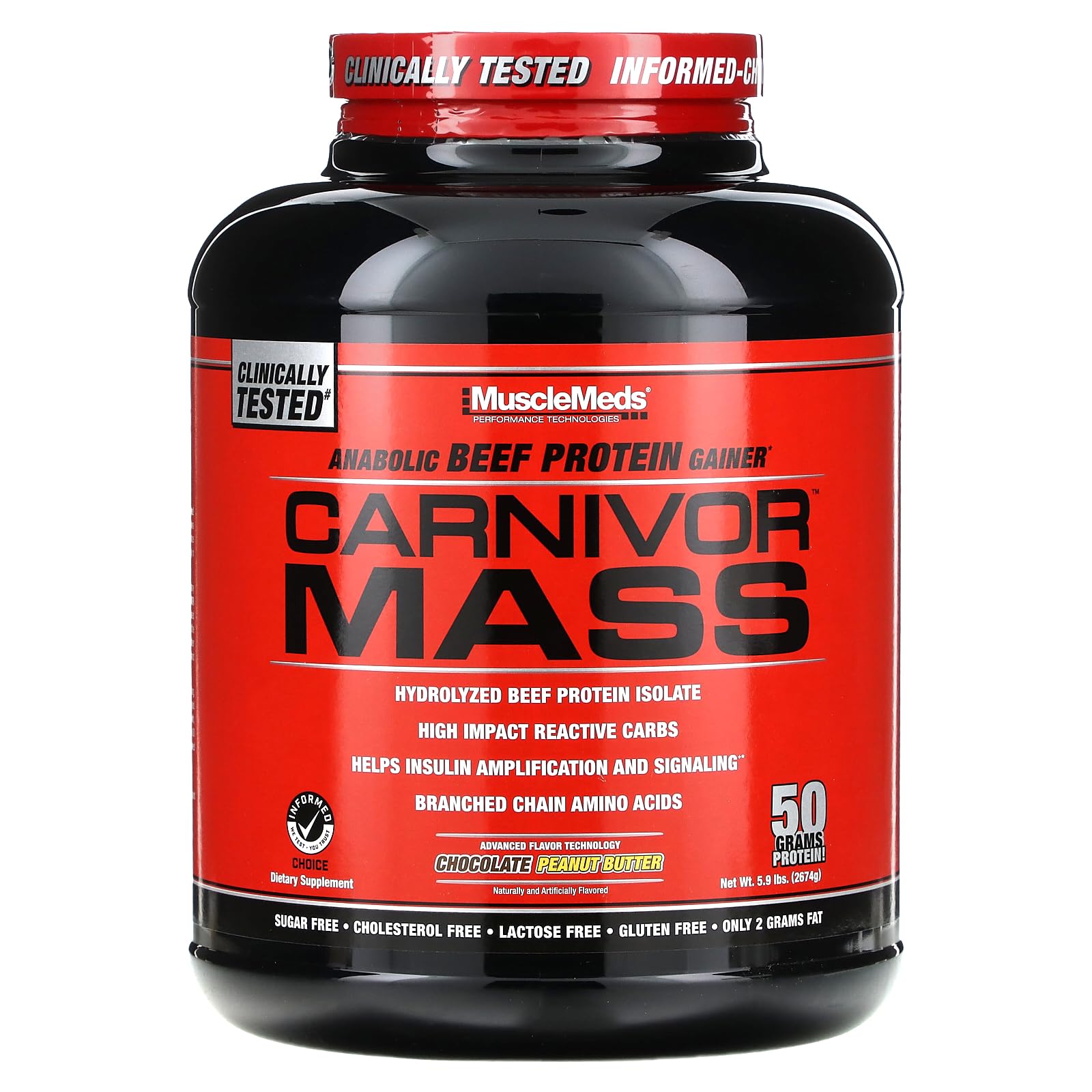 MuscleMeds CARNIVOR Mass Gainer Beef Protein Isolate Shake, 50 Grams Protein, 125 Grams Carbs, 0 Fat, 0 Sugar, Lactose Free, Halal Certified, Chocolate Peanut Butter, 6 Pound