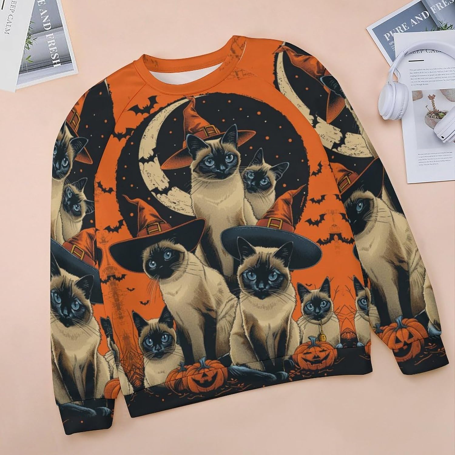 Sweatshirt for Women Halloween Cat Print Crewneck Casual Vacation Trendy Fashion Funny Warm Long Sleeve Shirts - Image 3