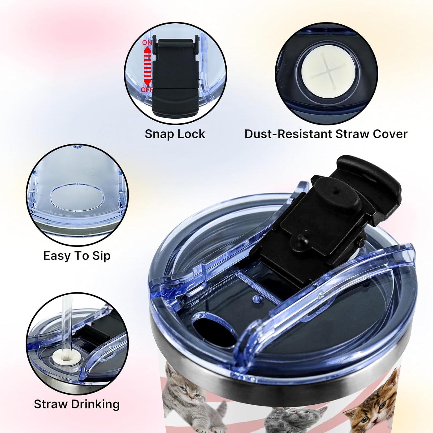 Cute Cats Tumbler, 40 oz Insulated Stainless Steel Tumbler with Handle and Straw, Large Capacity Travel Mug with Lid, Double Wall Vacuum Cup - Image 2