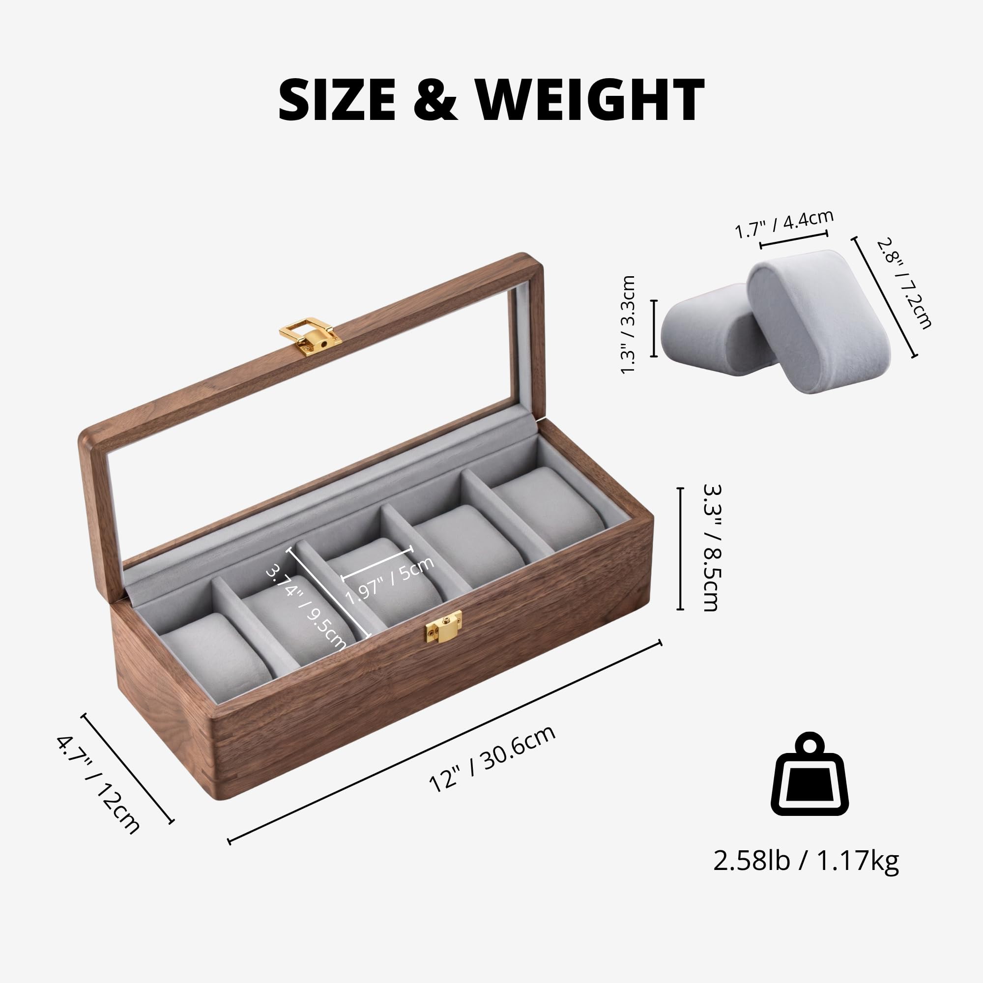 muso wood Boîte à montres en noyer 5 emplacements avec couvercle en verre pour homme | Présentoir de rangement de montres de qualité supérieure, cadeau parfait pour les hommes