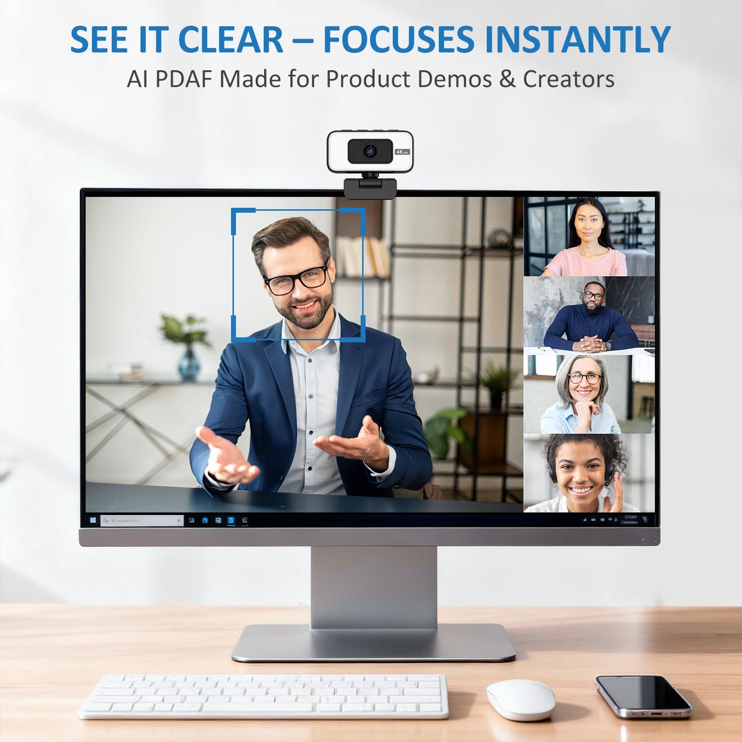 Cámara web 4K con luz y zoom, cámara USB para ordenador con micrófono, cobertura de privacidad y luz antiinterferencias, cámara web 4K UHD de enfoque automático para monitor de ordenador
