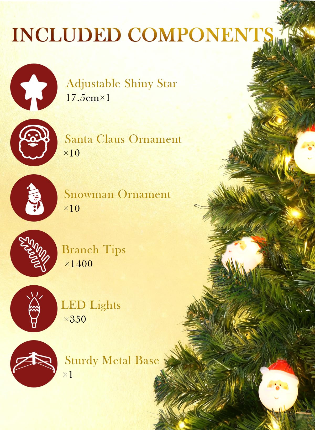 Albero di Natale Pre-Illuminato, Artificiale Albero di 6ft con 350 Luci Incorporate, 9 Modalità Luce, 1400 Rami Folti in PVC, Decorazione Natalizia con Supporto in Metallo
