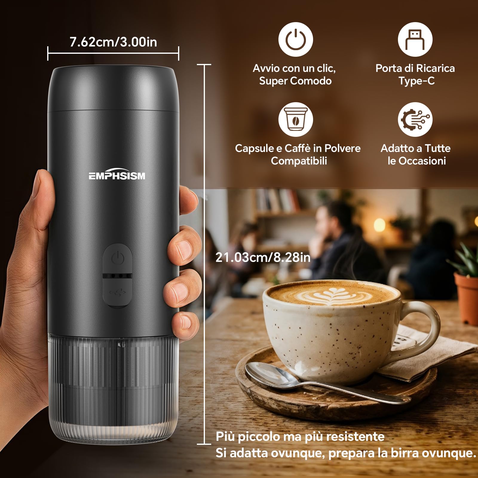 Mini macchina da caffè espresso portatile per capsule e caffè macinato – Mini macchina da caffè con batteria per viaggio, campeggio, ufficio, camper, macchina da espresso 20 bar da portare con sé con