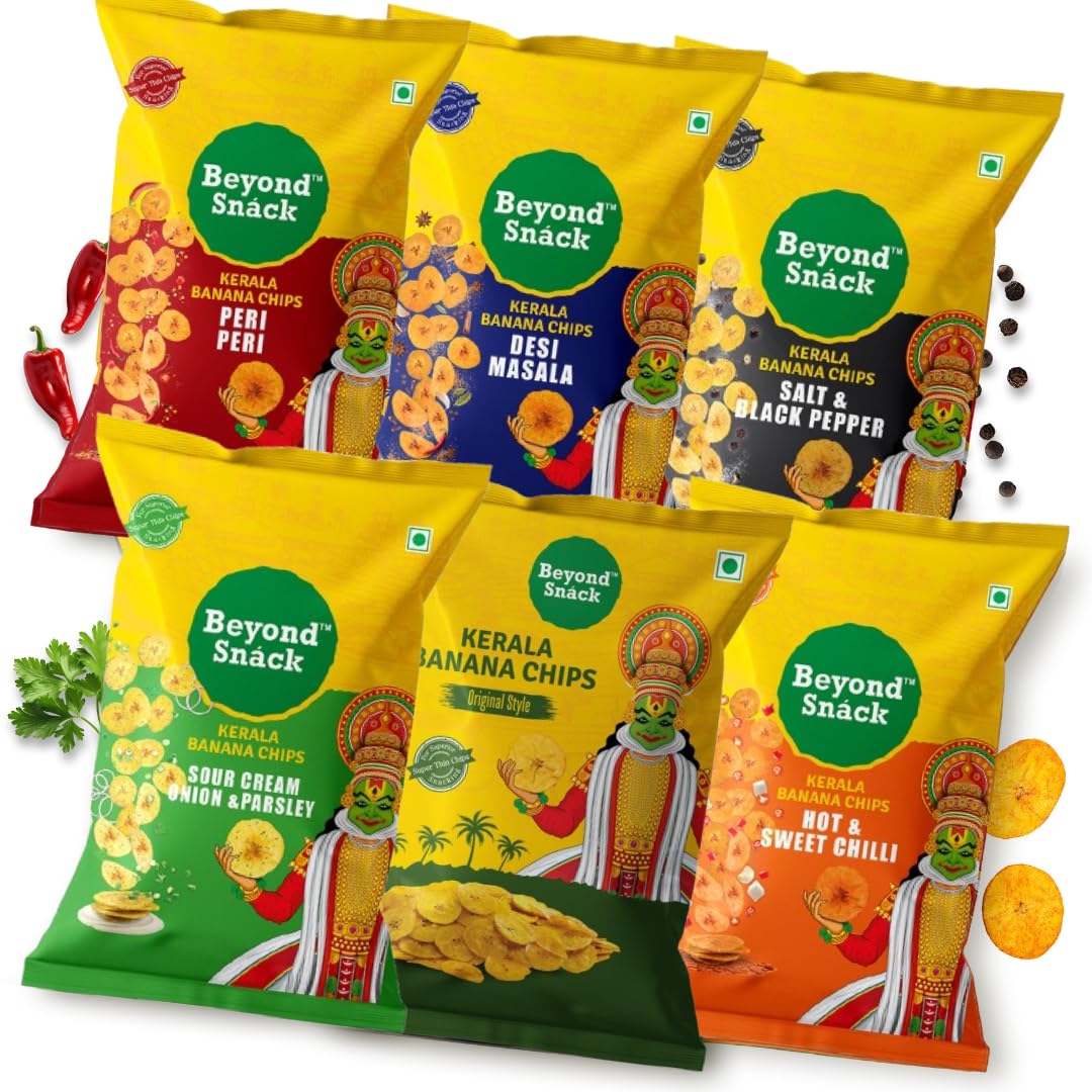 Beyond Snack Nendran Kerala Banana Chips | Combo pack (Original Salted, Desi Masala , Salt and Pepper,Peri Peri, Sour Cream Onion Parsley, Hot and Sweet Chilli )| Thin Crunchy Crispy Snack |600g (100g*6packs)