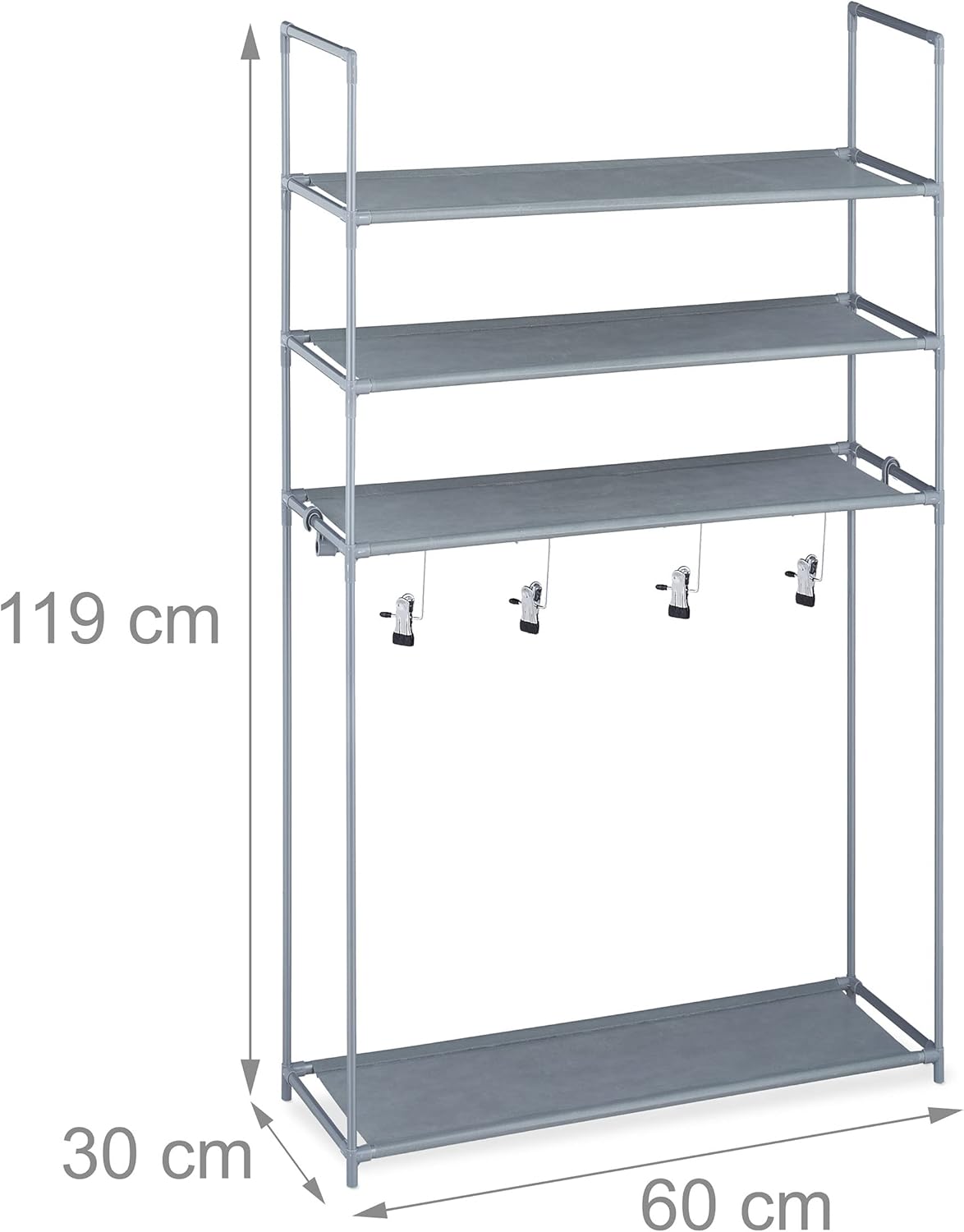 Relaxdays Shoe Rack with Boot Compartment, 16 Pairs of Shoes, 4 Levels, 4 Boot Clips, Hallway Shoe Rack, Grey