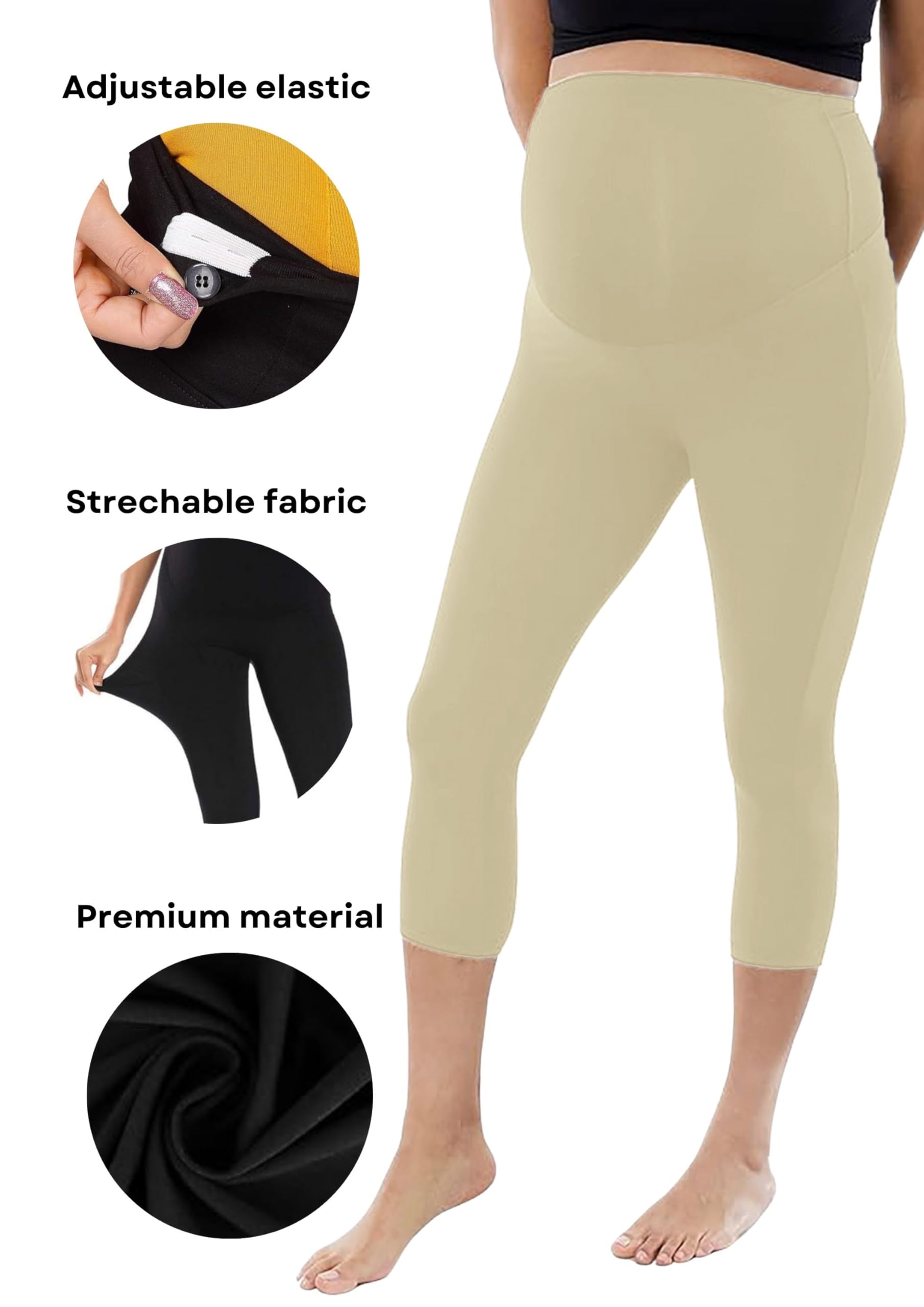 Litelooks Women's Cotton Lycra Over Belly 3/4 Capri Maternity Leggings - Comfortable, Seam-Free, High Waist Support, Stretchable Pregnancy Pants for Pre & Post Pregnancy (in, Alpha, XL, Beige) - Image 2 thumbnail