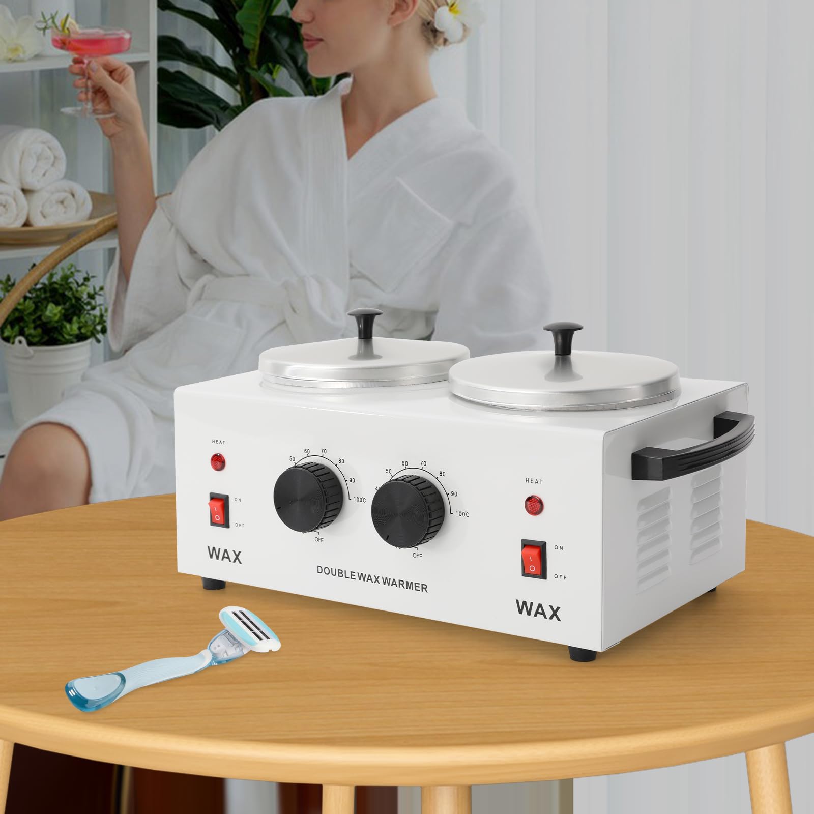 Scaldacera elettrico da 200 W, per la depilazione, riscaldatore a cera, con 2 vasi da 400 ml x 2, regolazione della temperatura da 0 a 100 ℃, per la casa, parrucchiere