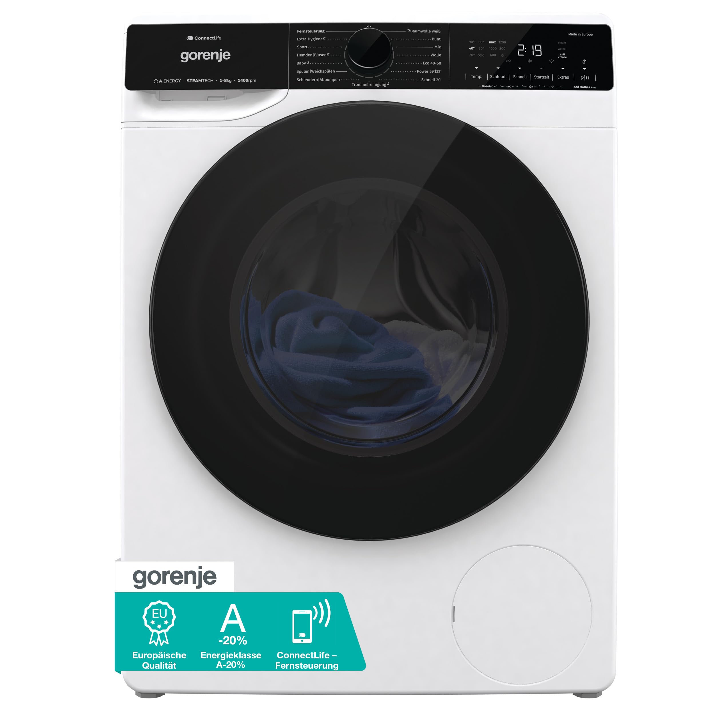 Gorenje WPNA84A2TS Waschmaschine mit Dampffunktion/ConnectLife / / 1400 U/min / 15 Programme/Totaler AquaStop/Wave Active Trommel/ExtraHygiene/PowerWash/Schnell Waschgang/EEK: A-20% 8 kg