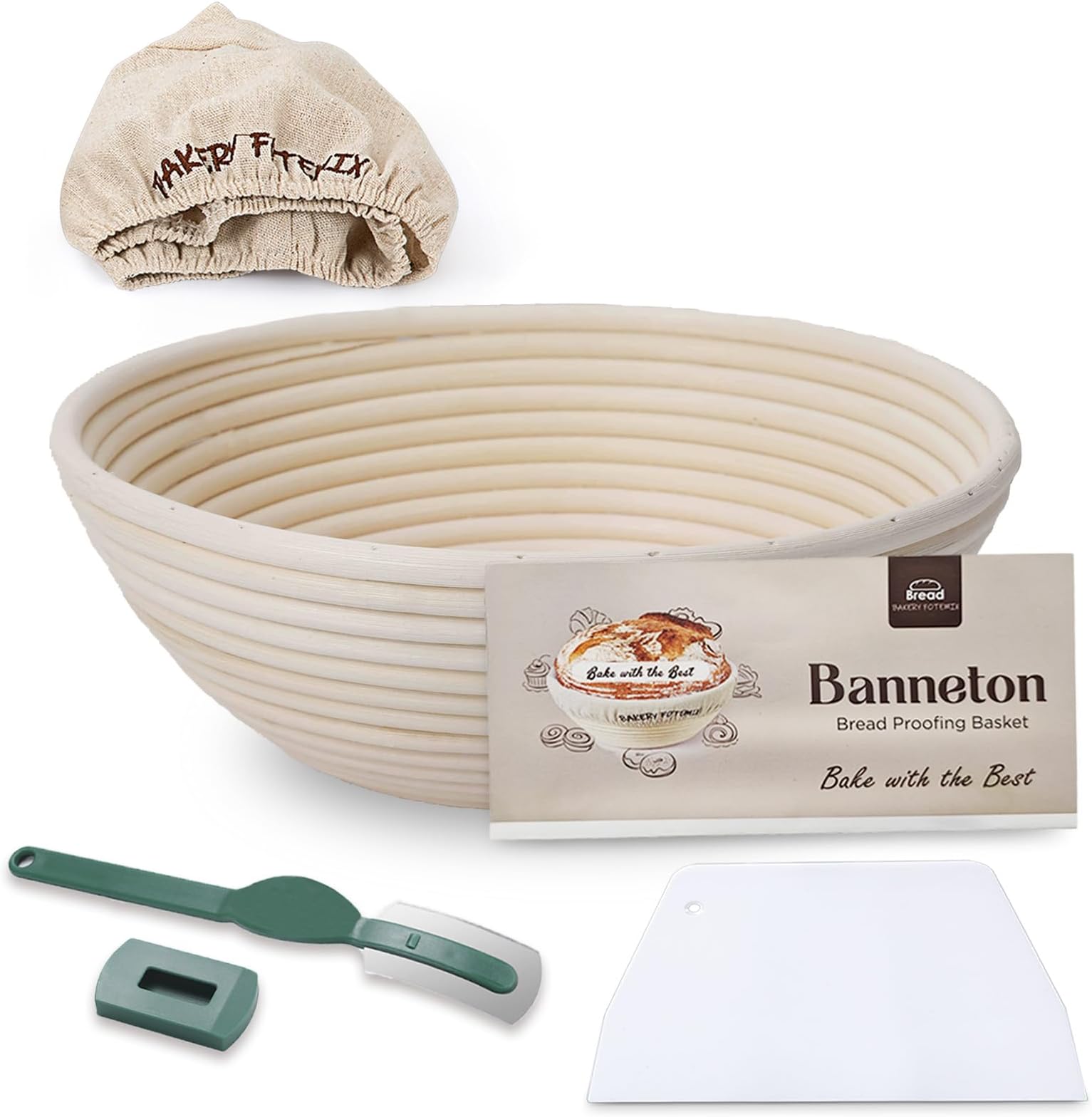 Rattan Round Banneton Proving Basket - 10 Inch, Natural, Sourdough, Home & Professional Bakers (Cloth Liner, Dough Scraper, Bread Lame, Starter Recipe Set)