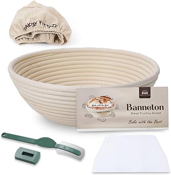 Rattan Round Banneton Proving Basket - 10 Inch, Natural, Sourdough, Home & Professional Bakers (Cloth Liner, Dough Scraper, Bread Lame, Starter Recipe Set)