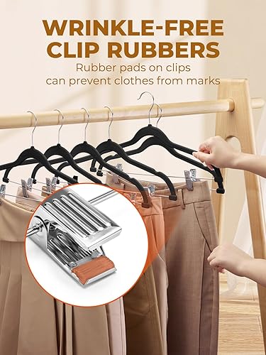 Miniatura 4 de HOUSE DAY Perchas de terciopelo para faldas, paquete de 12 perchas de terciopelo negro para pantalones con clips ajustables, ahorran espacio,