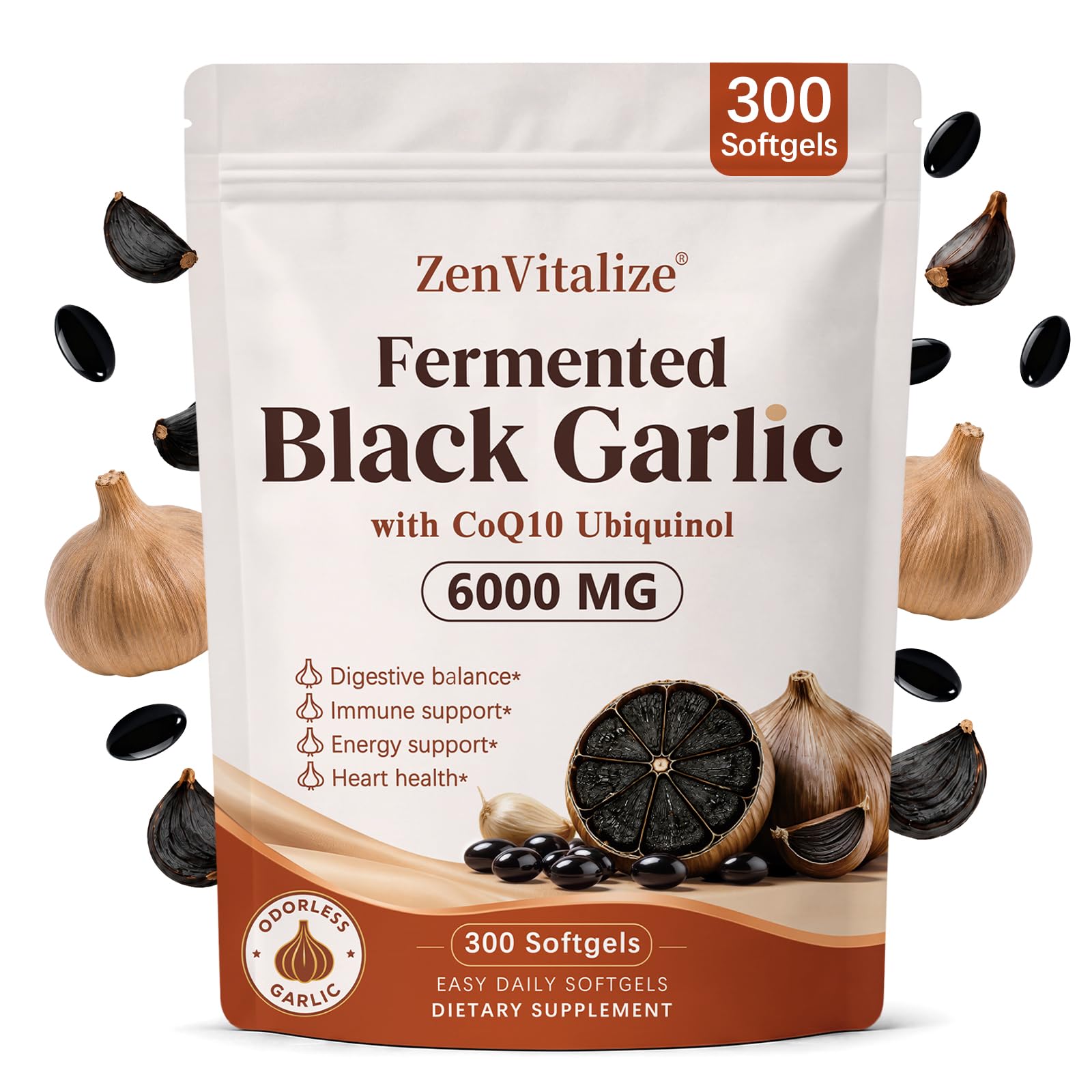 Aged Fermented Black Garlic Softgels with CoQ10 Ubiquinol and Vitamin K2 MK-7, Odor-Free Garlic Extract Supplement for Heart & Immune Support, Non-GMO, Gluten-Free, 300 Softgels