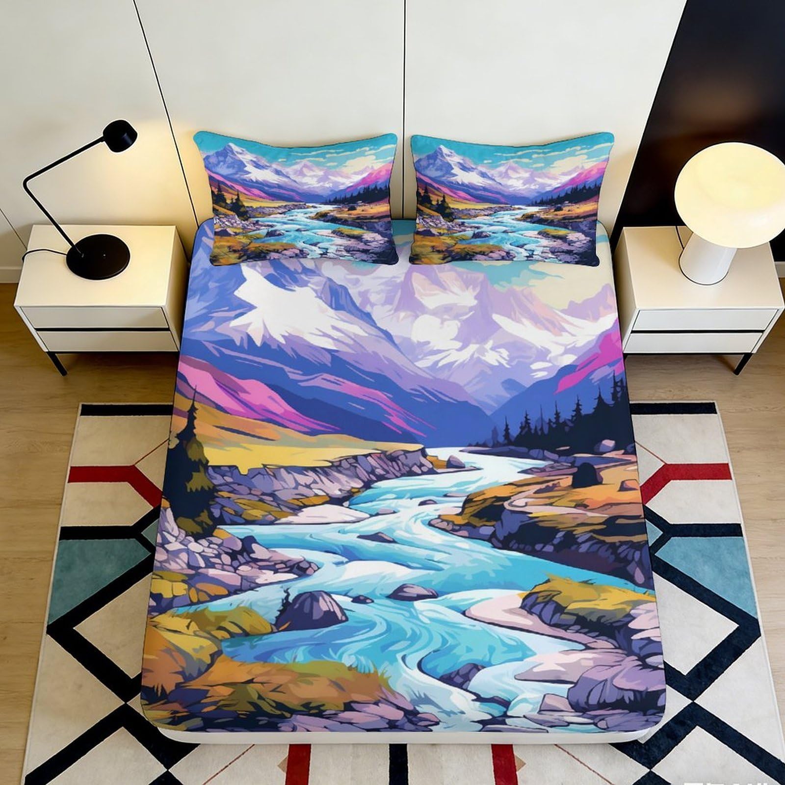 Pnayamiorkfel Style-8 3D Printed Mountain River Fitted Sheet Microfiber Soft Breathable Landscape Bed Cover For Bedroom Dorm Decor 90X200x25cm