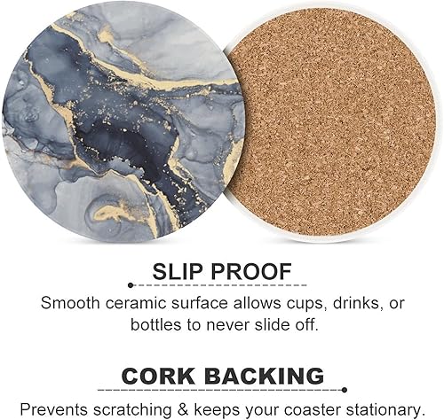 Miniatura 6 de Posavasos absorbentes con soporte, juego de 6 posavasos de mármol fluido de lujo azul oscuro abstracto para protección de mesa auxiliar, gran regalo
