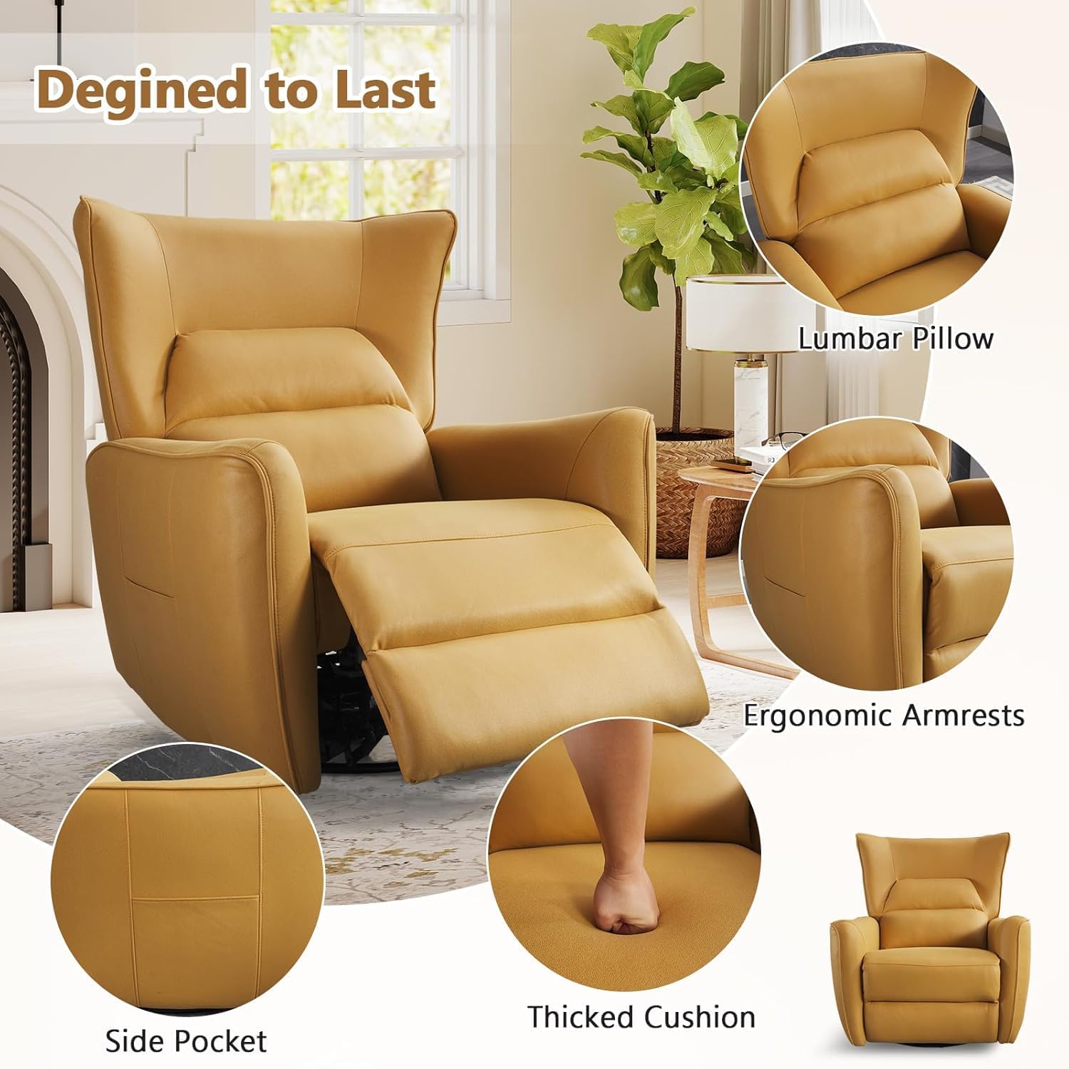 Power Swivel Rocker Recliners, Breathable Faux Leather Electric Glider Rocking Recliner Chair for Adults, 270° Swivel Nursery Reclining Sofa with USB Charging Port，Lemon Yellow