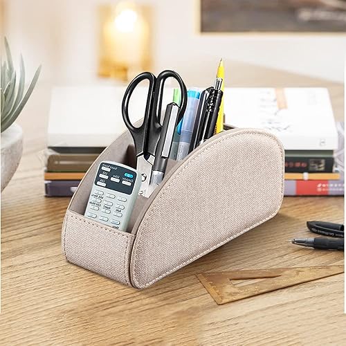 Miniatura 6 de Fanousy Soporte de control remoto de TV para mesa con 5 compartimentos, almacenamiento remoto de piel sintética, organizador remoto para mesita de