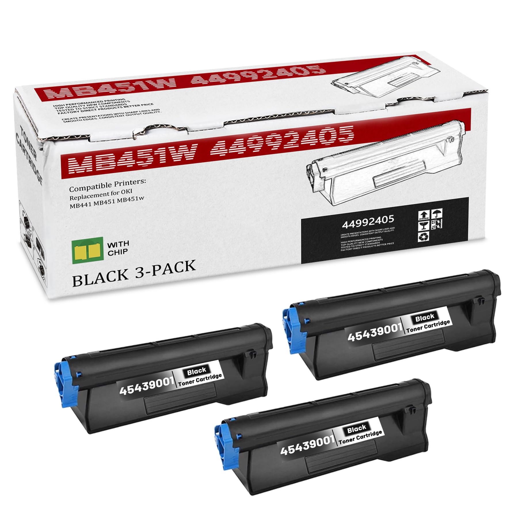 IGUGNIK 3-Pack MB451W 44992405 High Yield Black Toner Cartridge, Replacement for OKI MB451W 44992405 for MB441 MB451 MB451w Printer