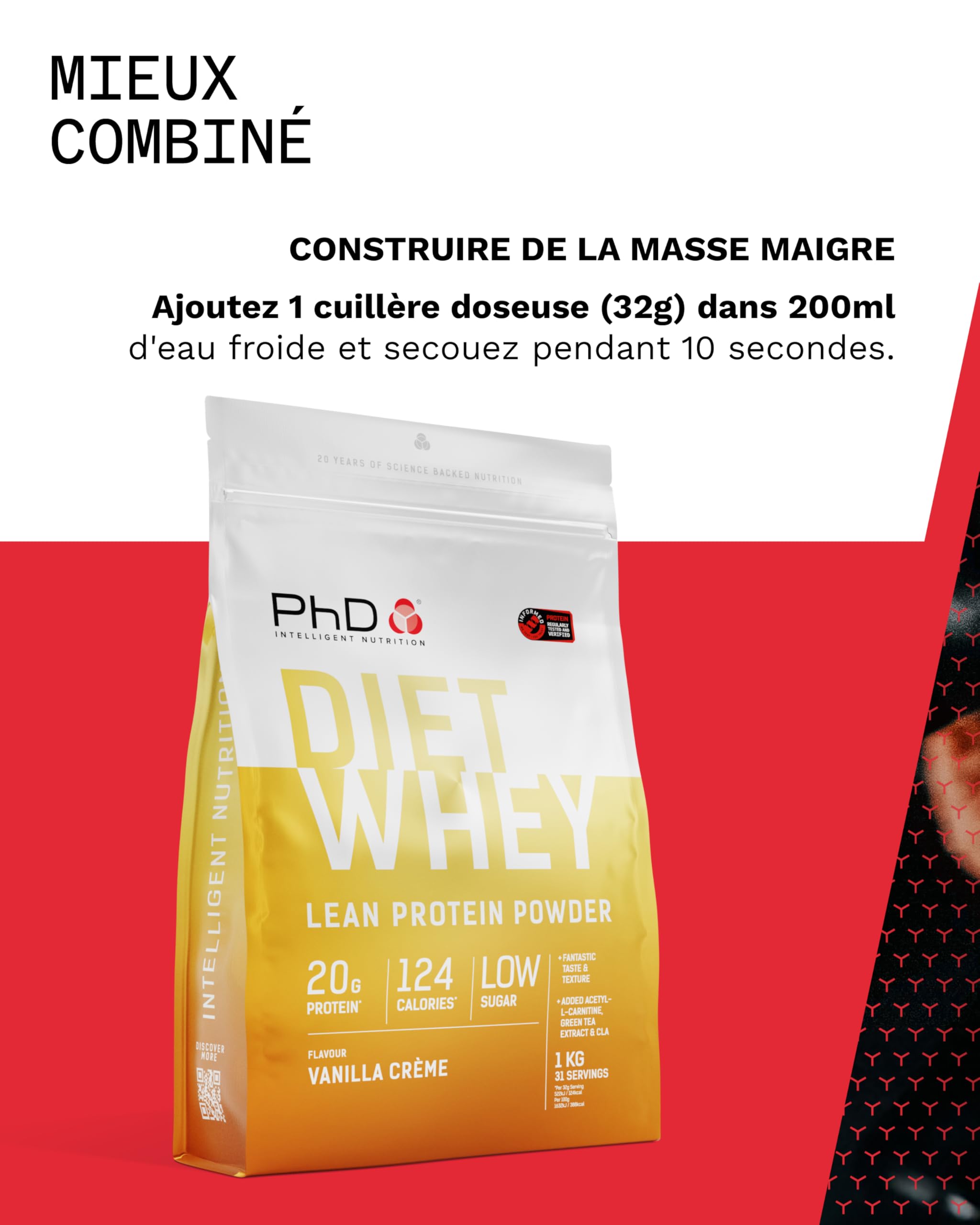 PhD Nutrition Diet Whey Protein Poudre 1kg Crème Vanille, Poudre protéinée peu calorique pour le soutien du régime, 16g de protéine par portion