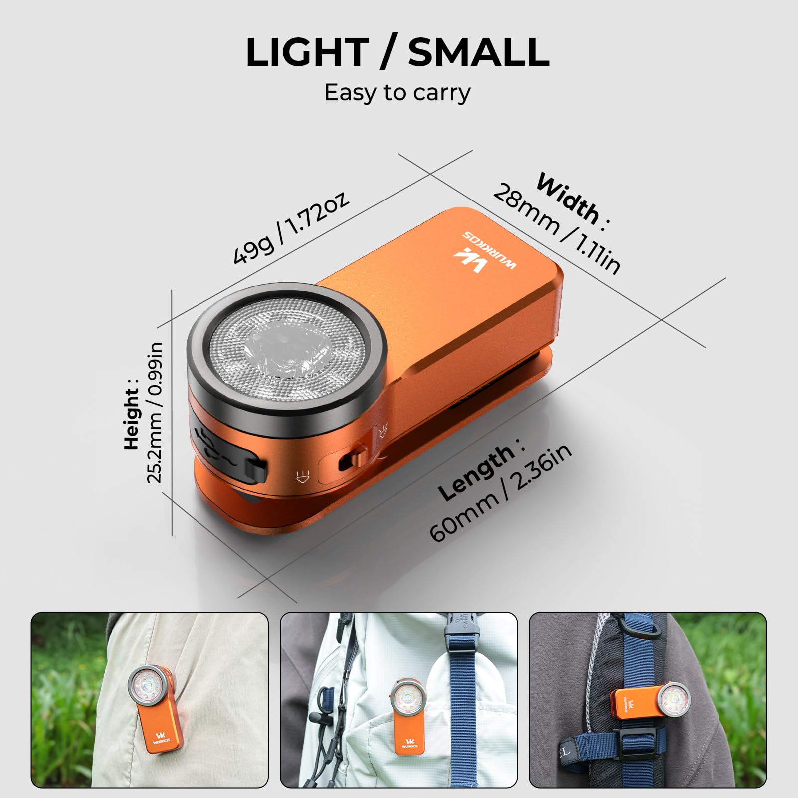 Wurkkos HD03 Mini Torcia Compatta a Clip, 680 Lumen Torcia Led Ricaricabile, 3 Modalità di illuminazione spot, flood e RGB,IPX6 Impermeabile per Campeggio Escursionismo e Alpinismo - Orange