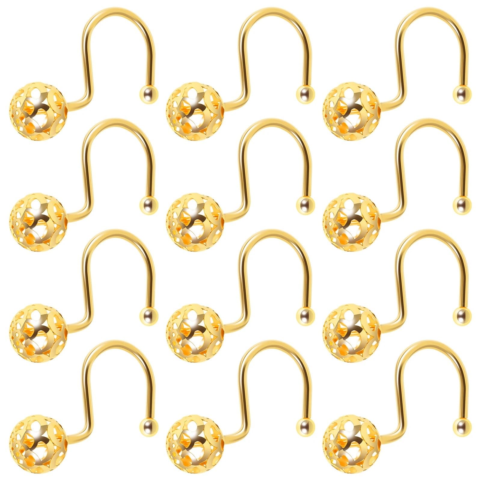 12Pcs Shower Curtain Hooks Metal Rustproof For Bathroom Curtains Rods Hollow Ball for Bathrooms(Gold 12pcs)
