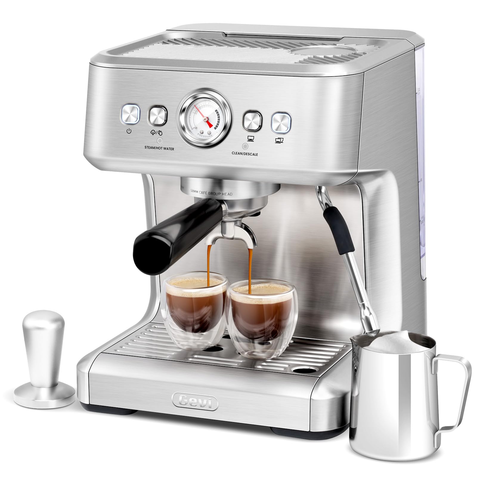 gevi ezbru 1000c commercial grade espresso machine | 20bar pump + pid temp control (adjustable shot/temp) | 58mm portafilter w/pressure gauge | 2.2l tank & barista kit | home & cafã© use