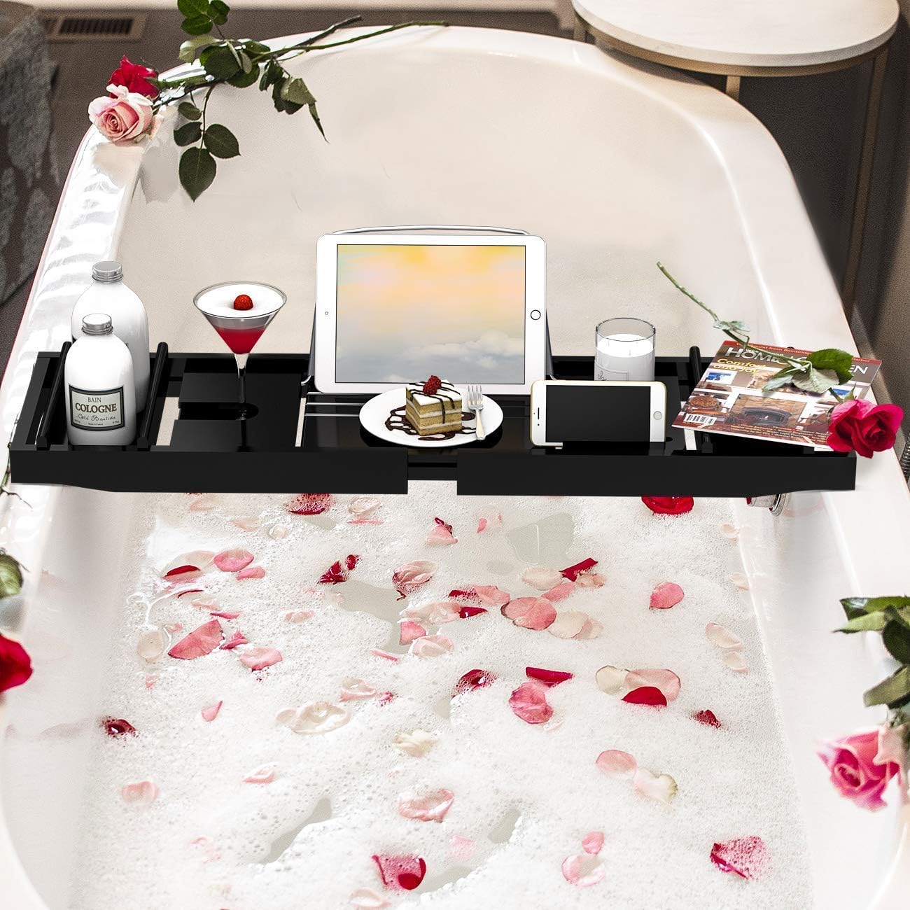 Domax Bathtub Caddy Tray and Bamboo Bath Mat for Luxury Spa Bath Black