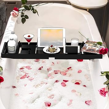 Domax Bathtub Caddy Tray and Bamboo Bath Mat for Luxury Spa Bath Black
