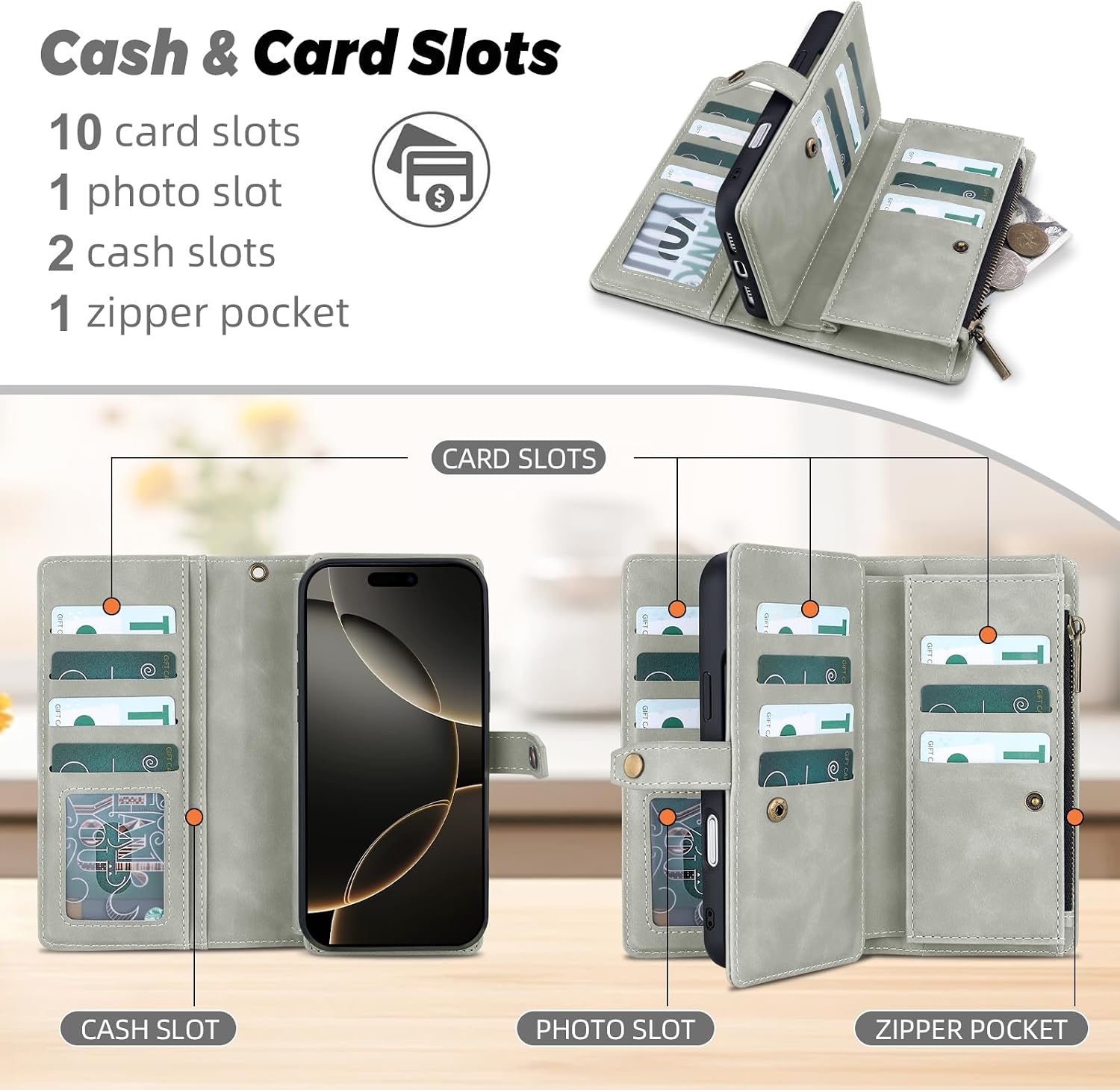 TwoHead Wallet Case for iPhone 16 Pro Max,with 11 Card Holders,Gray image 3
