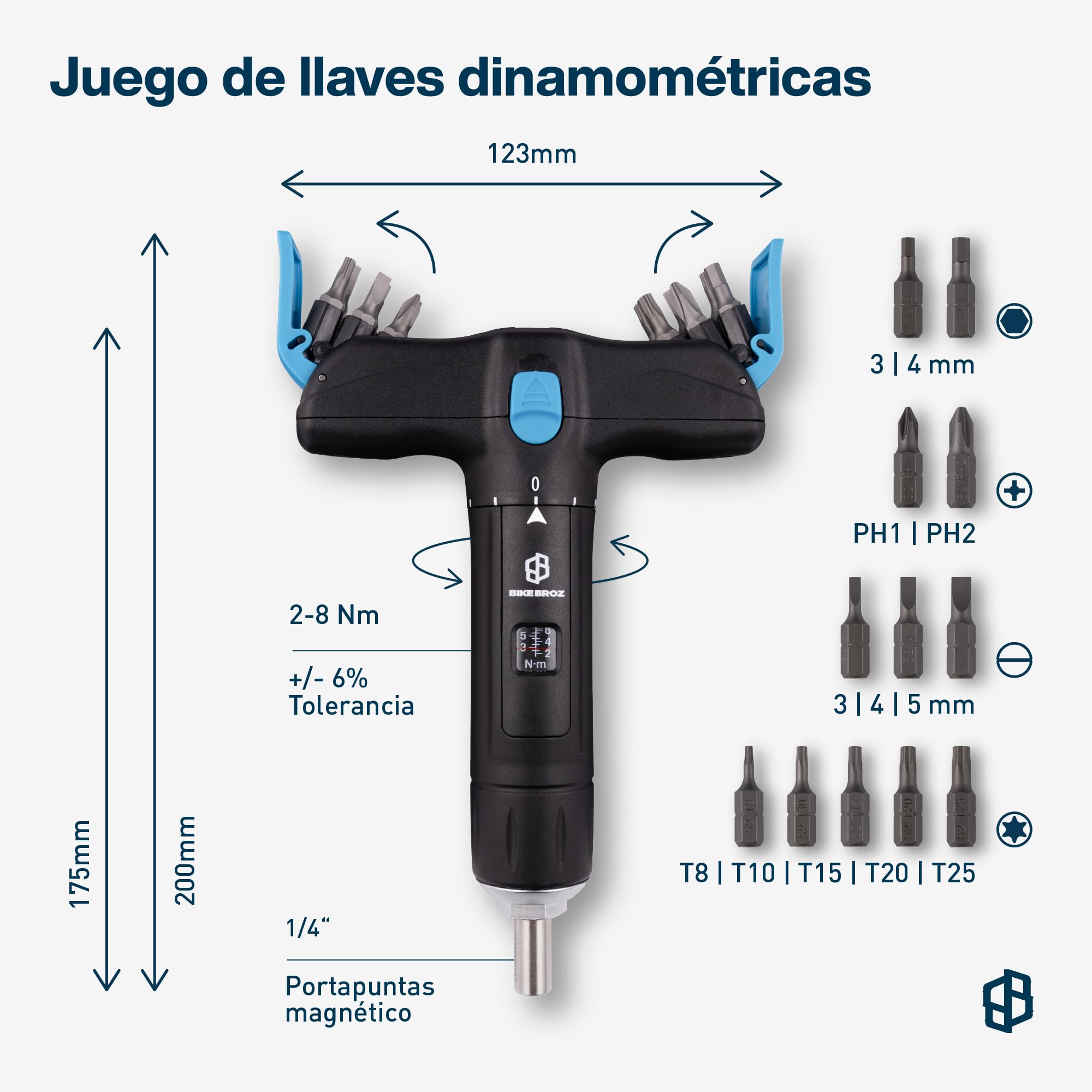 Llave dinamométrica de 1/4" para bicicleta, motocicleta, etc. 2-8 Nm | Destornillador de par pequeño con juego de brocas en cruz, ranura, torx y hexágono en forma de T para viajes | 70003