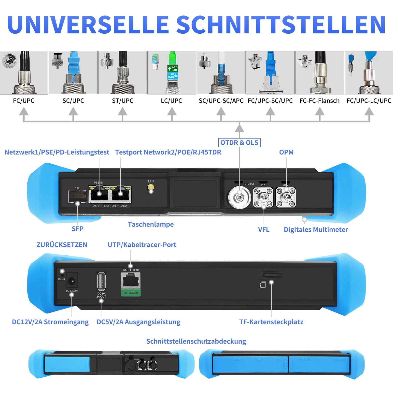 Henkion OTDR-Glasfasermessgerät 8 Zoll IPS-Touchscreen, 1310/1550nm 28/26dB Fiber Optic Tester, Netzwerktester mit Event Map, LS, OPM, VFL, OLS, Digitalmultimeter, SFP, WLAN und RJ45 Kabeltest