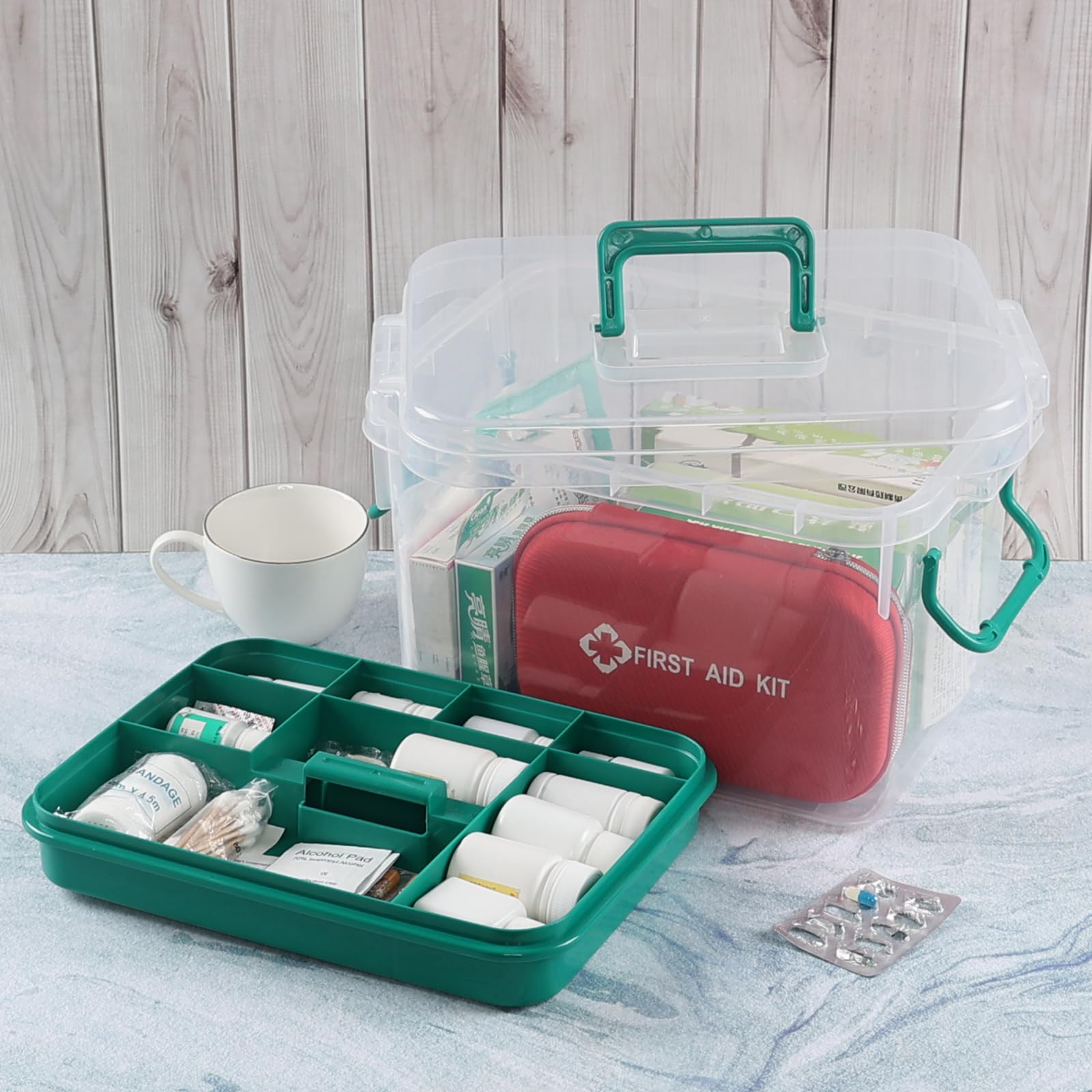 1 scatola di pronto soccorso in plastica trasparente per la famiglia, kit per medicine di emergenza