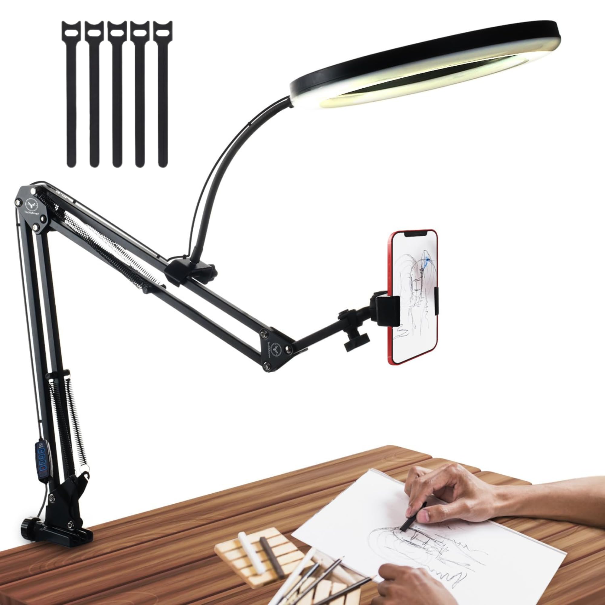 TechMaven Overhead Table Tripod with Ringlight for Mobile | 360 Degree Angle Lazy Magic Arm Mobile Holder Phone Stand with Ringlight for Video Shooting, Cooking, Study Table, Desk, Bed, Wall-image-36