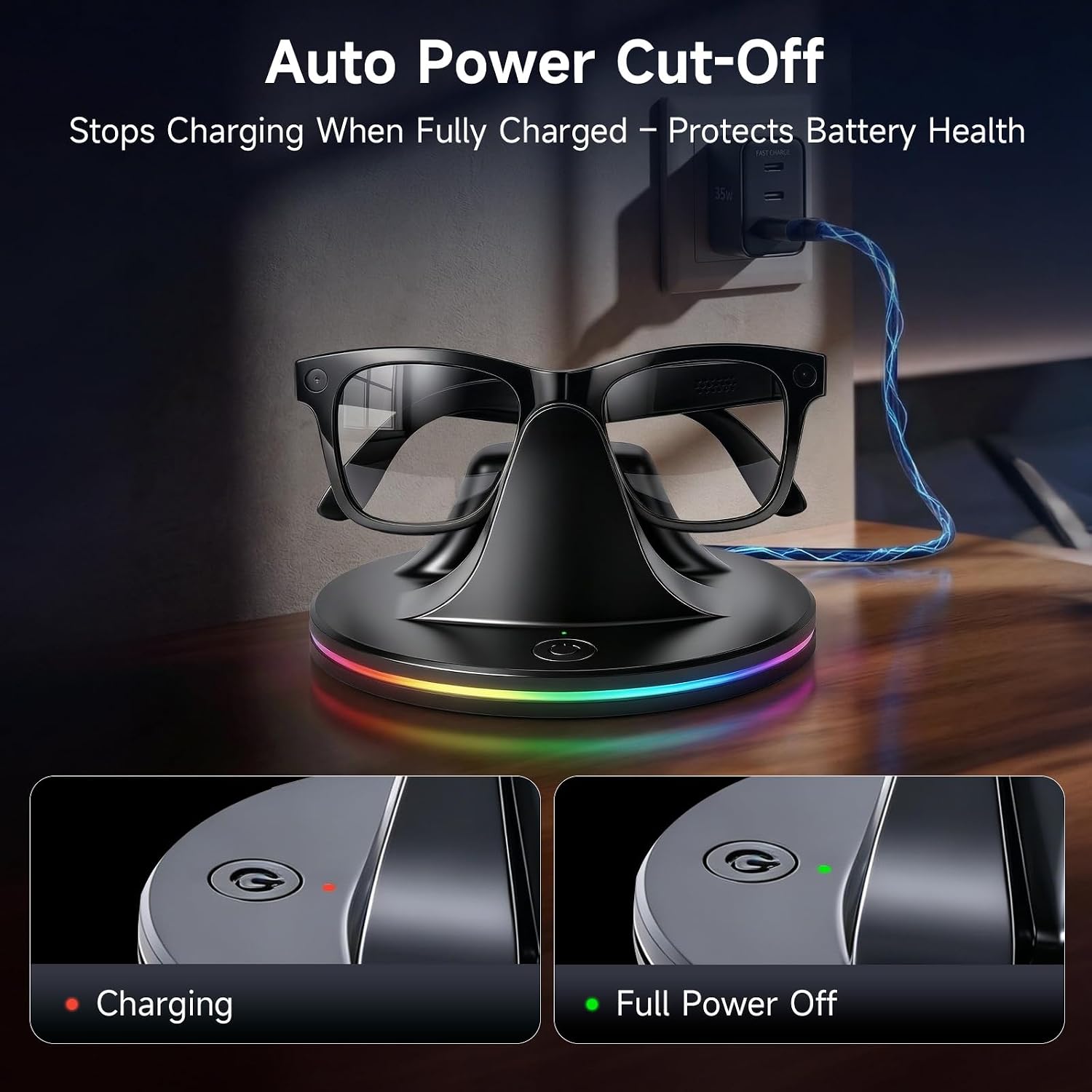 Charging Dock is Compatible with Ray Ban Meta Wayfarer/Skyler/Headliner/Oakley HSTN Smart Glasses with LED Power Status Light, Black