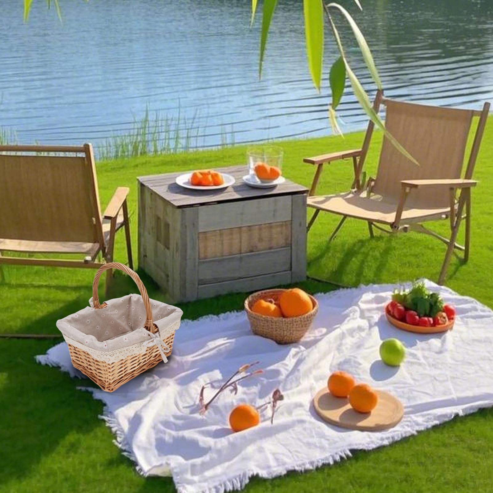 Cocoarm Panier de Pique-Nique en Osier, tissé à la Main Vintage, Doublure Amovible, pour Camping Maison, Rangement Polyvalent, 9,84x7,48x5,12 Pouces (Marguerite) | Tissé Main Doublure Amovible, Camping Maison Rangement, Accessoire Pique-Nique Élégant