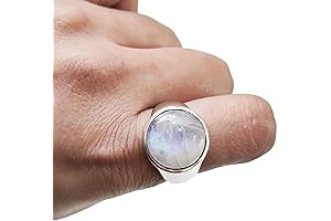 925 Silver Rainbow Moonstone Men Ring, Natural Blue Fire Moonstone Simple Signet Ring