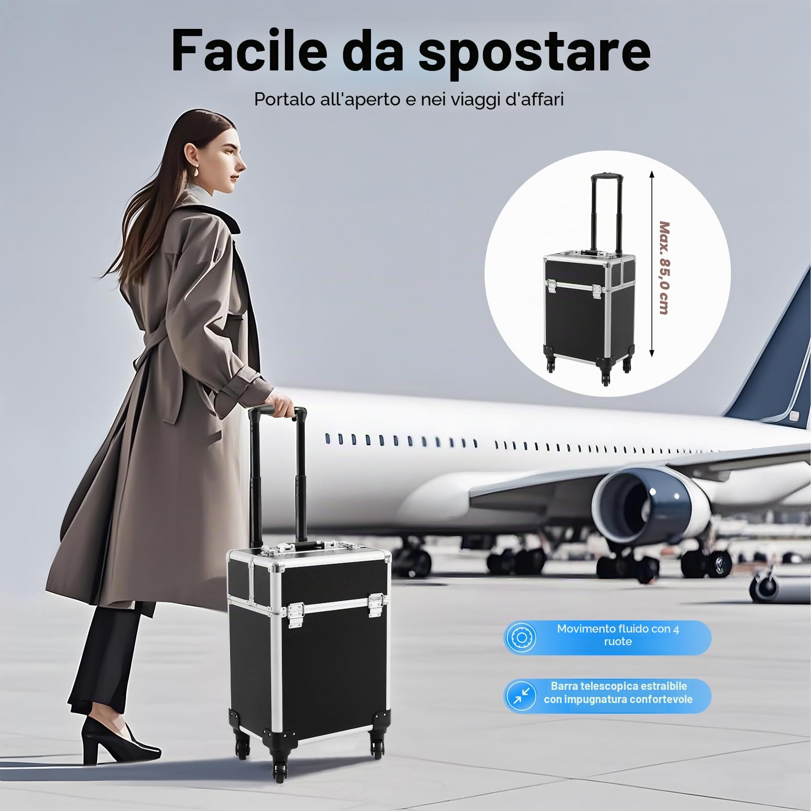Grande valigetta per trucchi con ruote, trolley cosmetico professionale per trucchi e viaggi, scomparti multipli, spazio per trucchi e pennelli, leggero e impermeabile, Nero , 34*24*47cm, moderno
