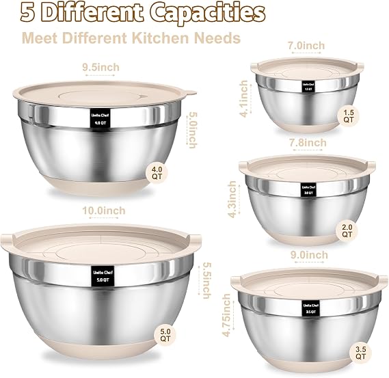 Umite Chef Mixing Bowls with Airtight Lids Set, 8PCS Stainless Steel Nesting Bowls with Grater Attachments, Non-Slip Bottoms, 5, 4, 3.5, 2, 1.5QT for Mixing & Serving