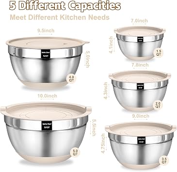 Umite Chef Mixing Bowls with Airtight Lids Set, 8PCS Stainless Steel Nesting Bowls with Grater Attachments, Non-Slip Bottoms, 5, 4, 3.5, 2, 1.5QT for Mixing & Serving