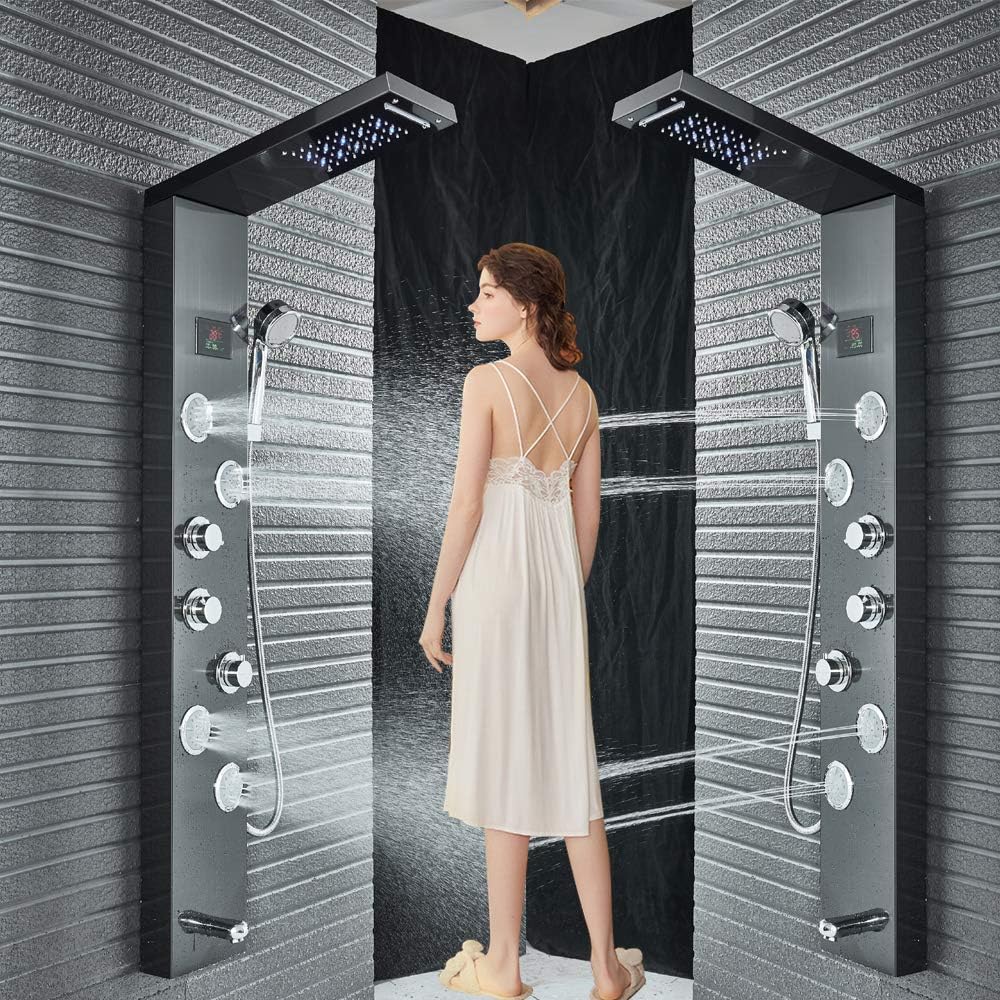Bathroom Wall Mounted Multi-Function Shower Panel Tower System with LED Waterfall/Rainfall Shower Head Massage Jets Tub Spout Handheld Hand Shower Split Shower Towel Oil Rubbed Bronze Finsih