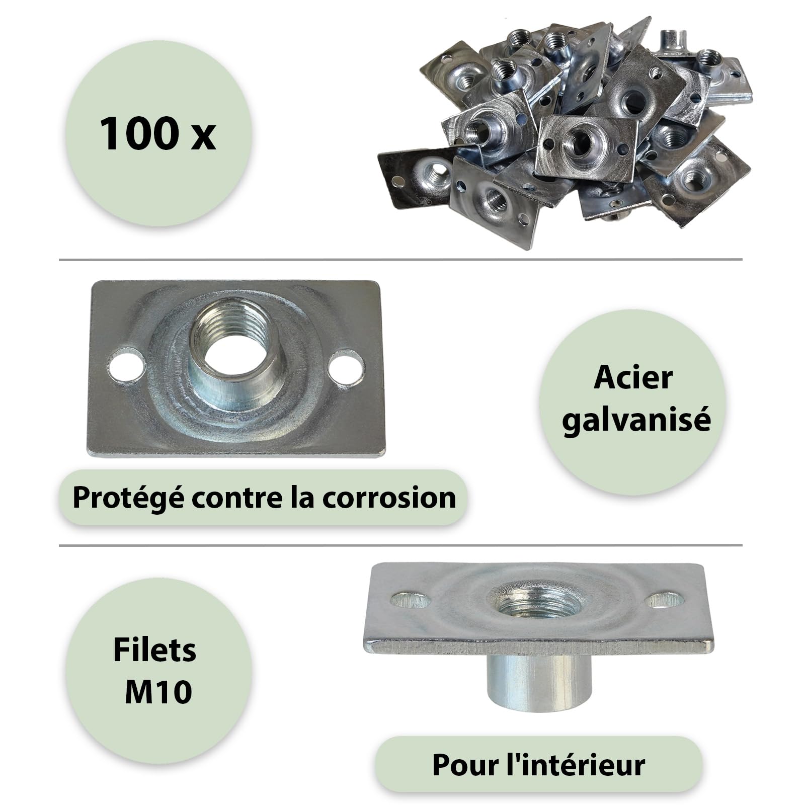 ALPIDEX 100 écrous à insérer spécial M10 DIN EN 12572-2-2017 zingué 'PROFESSIONAL' fixation avec vis à tête plate