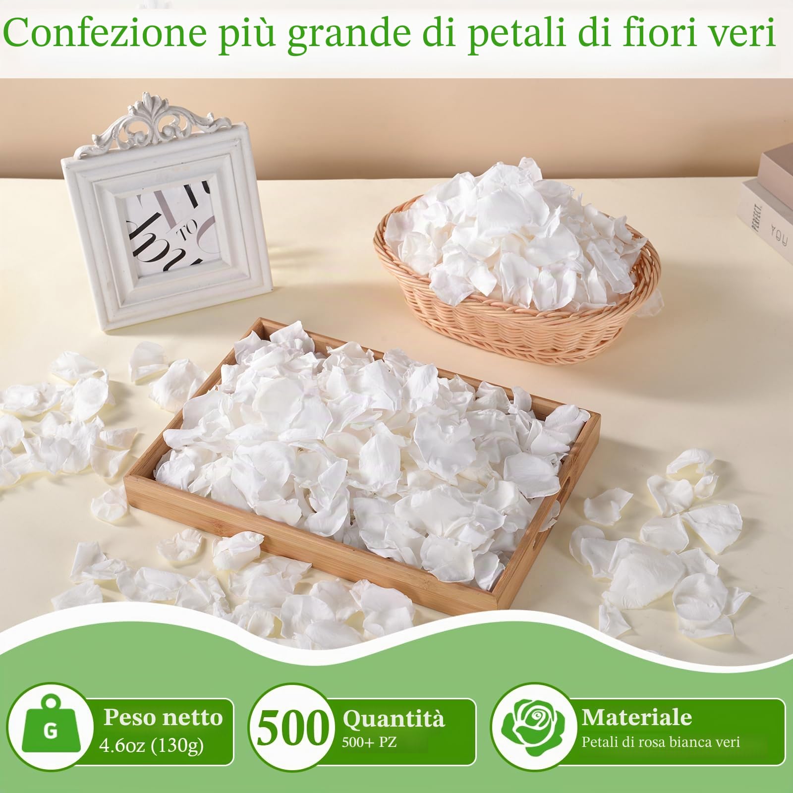 Eslibin 500+ petali di rosa bianchi veri, 130 g, petali di fiori bianchi conservati per matrimoni, petali di fiori secchi per baby shower, feste nuziali, decorazione da spargere sulla tavola