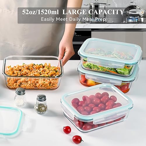 Miniatura 3 de GEHE Paquete de 4 recipientes grandes de vidrio de almacenamiento de alimentos de 52 onzas con tapas, recipientes de vidrio para preparación de