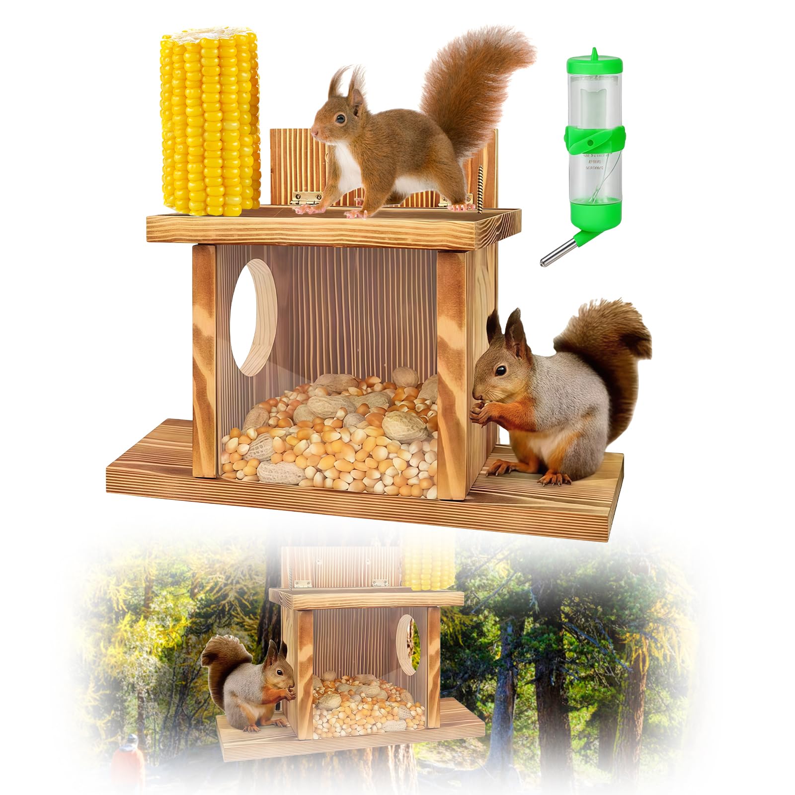 Mangeoire en bois pour écureuils - Station d'alimentation pour écureuils - Résistant aux intempéries - Avec 2 entrées et plateformes de siège - Maison pour écureuils