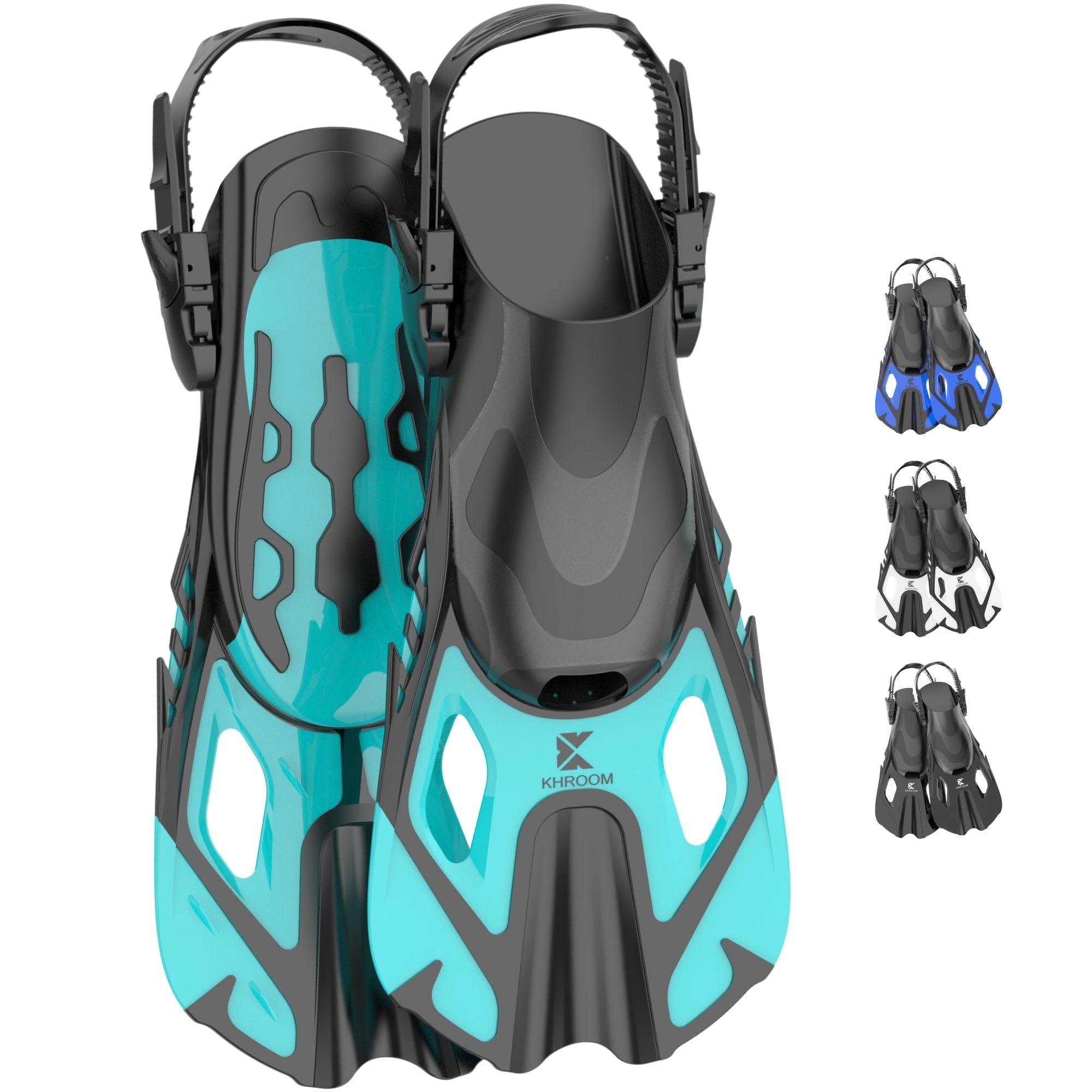 Khroom aletas cortas adultos / niños talla 32-47 | aletas de snorkel ajustables cortas | aletas de natación aletas cortas para snorkel | aletas de buceo ajustables para nadar / bucear turquesa (37-41)