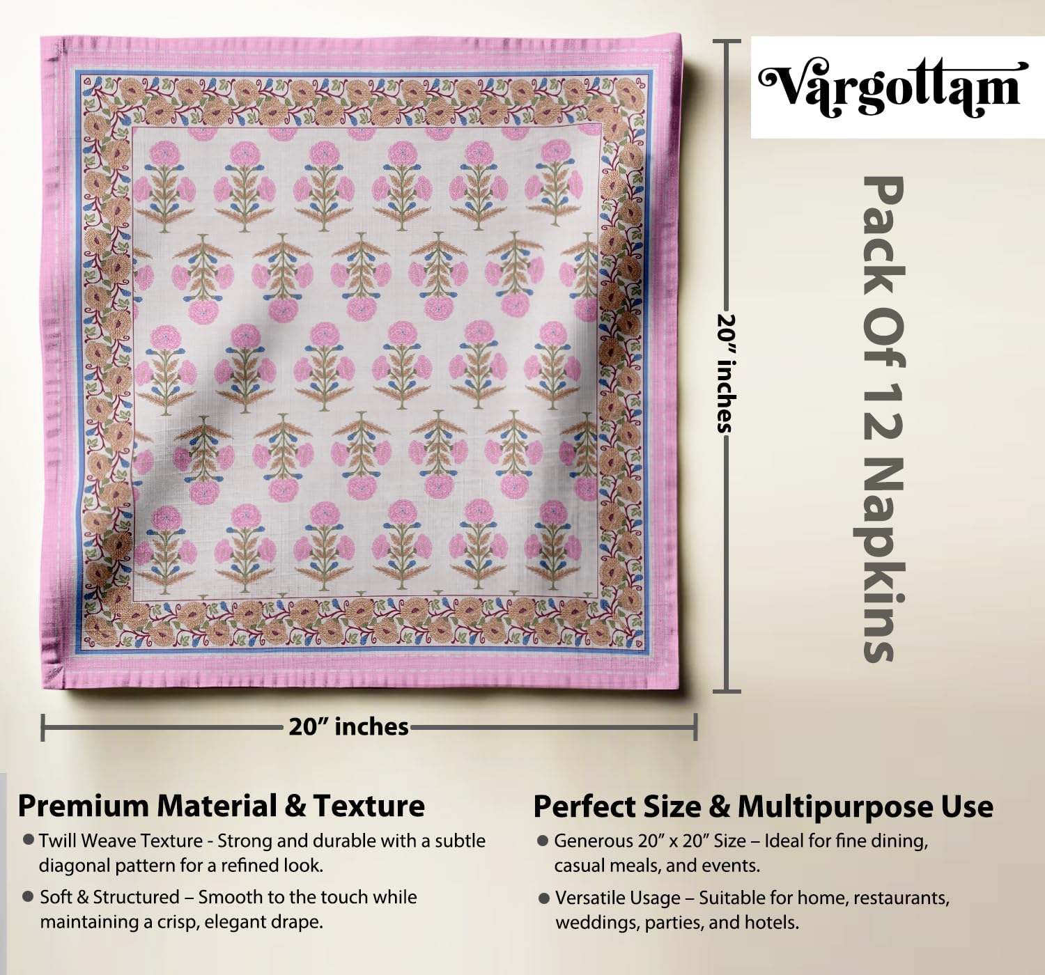 Designer Cotton Twill Napkins - Set of 12, 20-Inch, Block Print, Durable & Absorbent Cloth Napkins for Dining, Parties, and Home Decor - Machine Washable