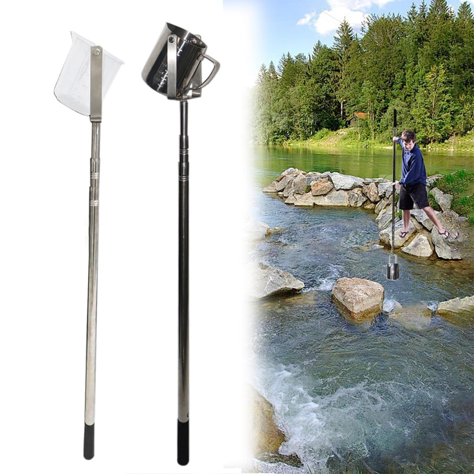 Perche D'échantillonnage D'eau Rétractable，Perche Télescopique De Prélèvement D'eau 500 Ml/1 000 Ml Pelle À Eau Avec Bec Gradué Pour Surveillance Environnementale(Stainless Steel 1000 Ml,1.5-7m)