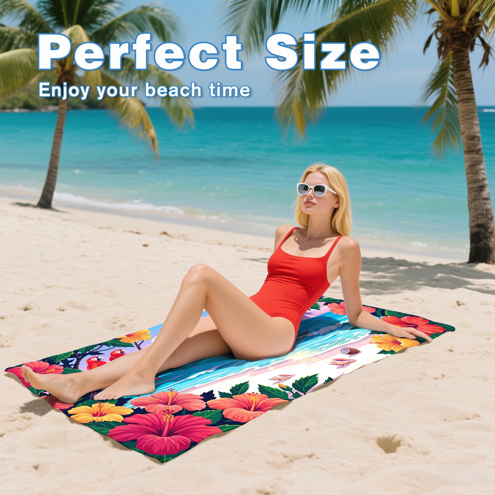 Serviette de Plage XXL Microfibre Océan Perroquet Hibiscus Tropical, Drap de Plage Séchage Rapide Anti Sable & Légère, Serviette de Bain Grande Taille 100x200 cm, Accessoire & Cadeau été